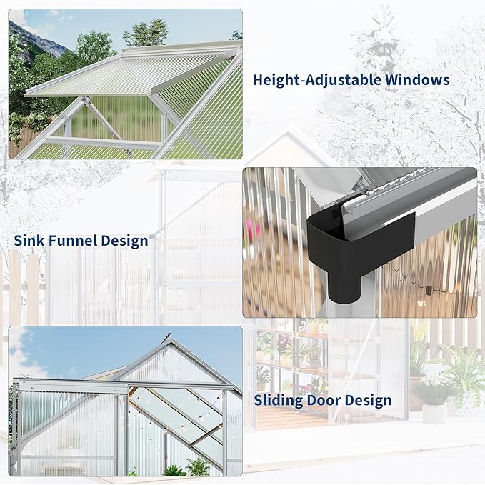 6x6FT Greenhouse for Outdoors, Walk-in Polycarbonate Greenhouse with Sliding Door, Adjustable Roof Vent & Gutter System, Portable Outdoor Green House Kit for Winter Gardening