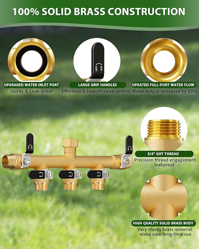 Garden Hose Splitter, 5 Way Heavy Duty Brass Hose Splitter, Water Hose Bib Spigot Splitter with 0.59" Full Flow Ball Valve Outlet & Shut-Off Valve 3/4'' Connector Outdoor Water Faucet Adapter