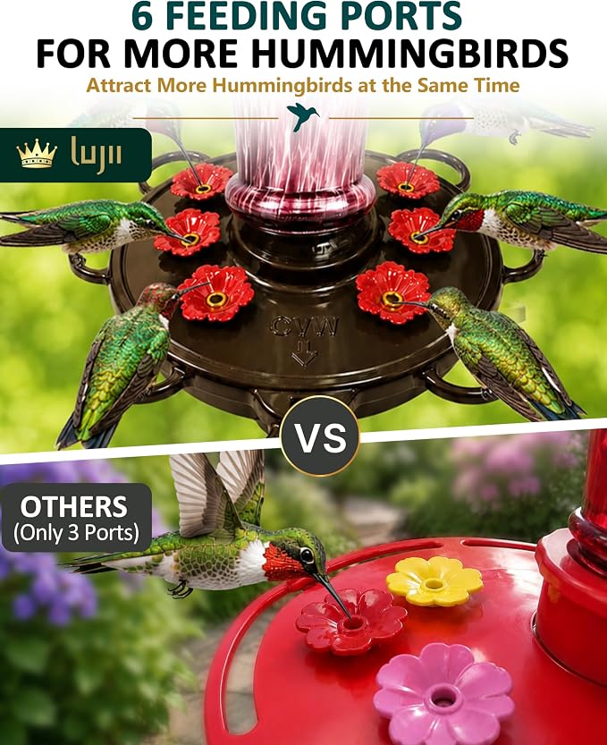 LUJII Smart Hummingbird Feeder with Camera, Hand Blown Glass for Outdoor Hanging, Solar WiFi Feeder with Live View App, 6 Feeding Ports, Leak-Resistant Design, Ant Moat & Gift Box, 36 fl oz, Purple