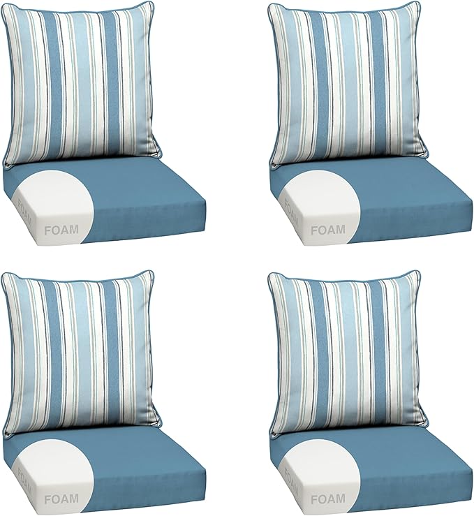 Arden Outdoor Foam Deep Seat Cushion Set (4-Pack), 24x24, Premium High-Density Foam, Never Flattens, Weather-Proof for Patio Chair Sofa Couch, French Blue Linen Stripe