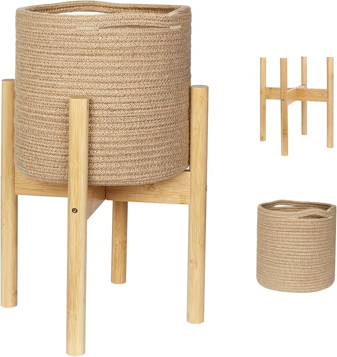 Plant Basket with Stand, Indoor Round Wicker Basket Plant with Bamboo Wood Stand, Decorative Woven Rope Flower Indoor Planter with Legs, Boho Bamboo Wood Planter Holder (Jute)