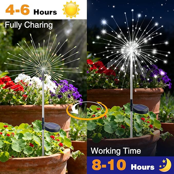 btfarm 1 Pack Solar Garden Lights Outdoor, 8 Modes Firework Lights Solar Powered, Waterproof Twinkle Fairy Light Outside for Yard Patio Pathway Pool Christmas Party Decorative, Cool White