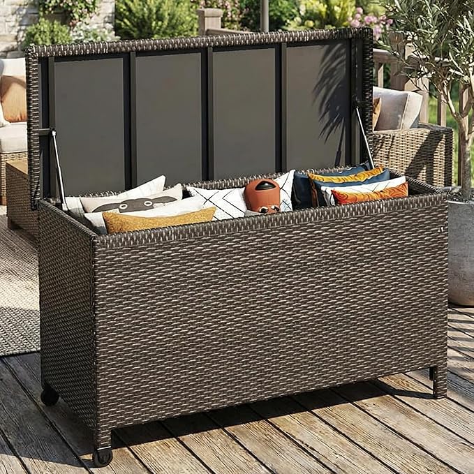 185 Gallon Outdoor Storage Box with Wheels - Large Wicker Rattan Deck Box for Patio Cushions, Garden Tools, Pool Floats & Pillows, All-Weather Patio Furniture Storage, Brown