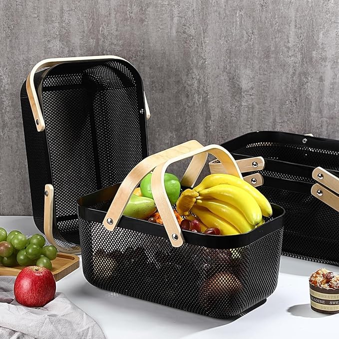 3pcs Collapsible Wooden Handle Plastic Harvest Basket - Rectangular Garden Storage Basket for Picking and Collecting Vegetables, Fruits - Ideal for Garden Cabinets & Outdoor Use (Black)