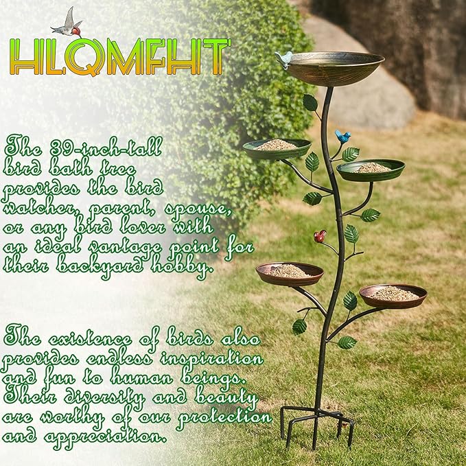 HLQMFHT 44.5" H Bird Baths for Outdoors with Metal Stakes, Standing Bird Baths with 4 Metal Bird Feeder Trays, for Garden Yard Decor