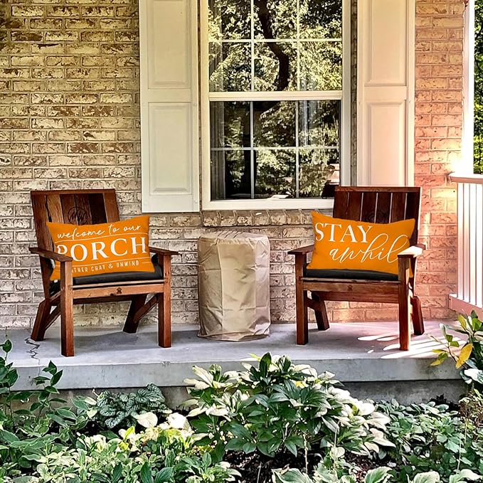 TAJWE Outdoor Pillow Covers Waterproof 12x20 Set of 2 Orange Decorative Fall Thanksgiving Pillowcases Welcome to Our Porch Stay Awhile Cushion Cases for Patio Furniture Sofa Couch Decor