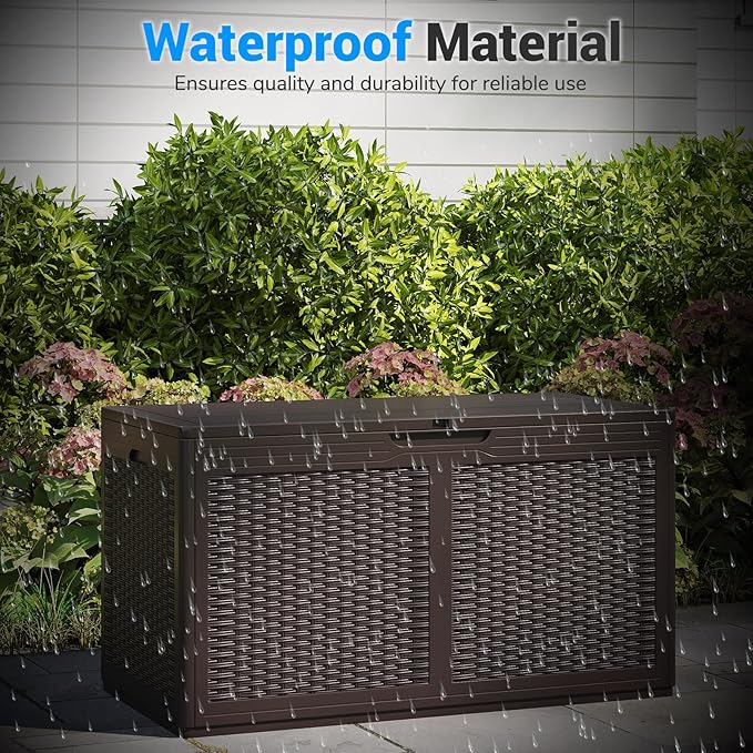 Moccha 100-Gallon Outdoor Storage Box - Waterproof Resin Deck Box with Lockable Lid & Wheels, Faux Rattan Outdoor Storage Bench for Pool Accessories, Garden Tool, Patio Furniture Cushion (Brown)