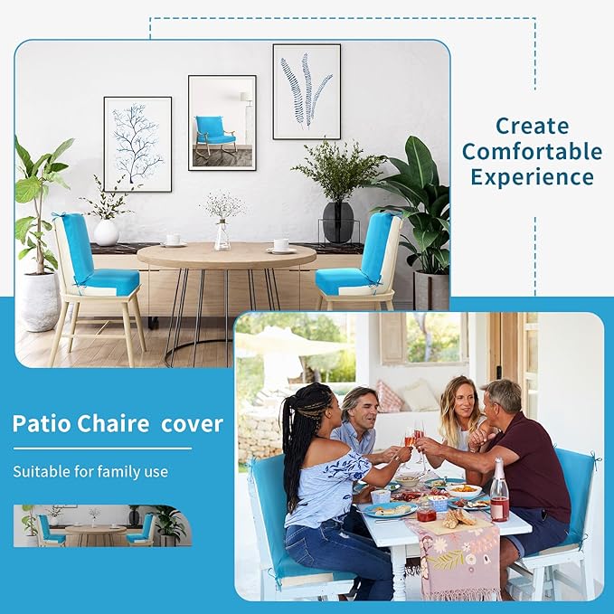 Tudomro 2 Pcs Outdoor High Back Chair Cushion Covers (Not Includes Cushion) Waterproof Patio Replacement Rocking Chair Slipcover Seat Pad Cover with Tie for Furniture (Lake Blue,44'' X 21'')