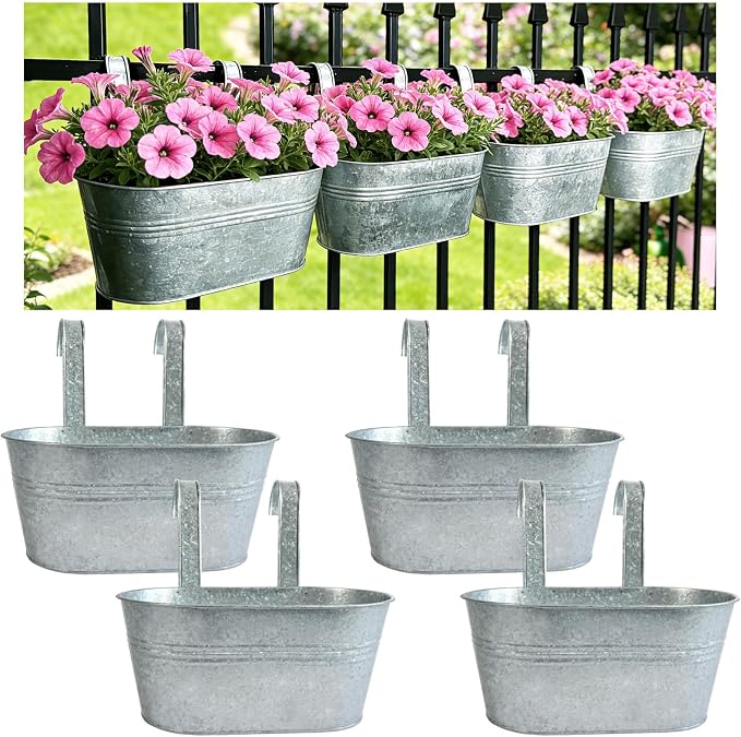 Balcony Galvanized Hanging Planters Railing Flower Pots, Outdoor Metal Fence Planter Pot with Detachable Hooks Drain Hole for Garden Patio Yard Decor (12 Inch, 4Pcs)