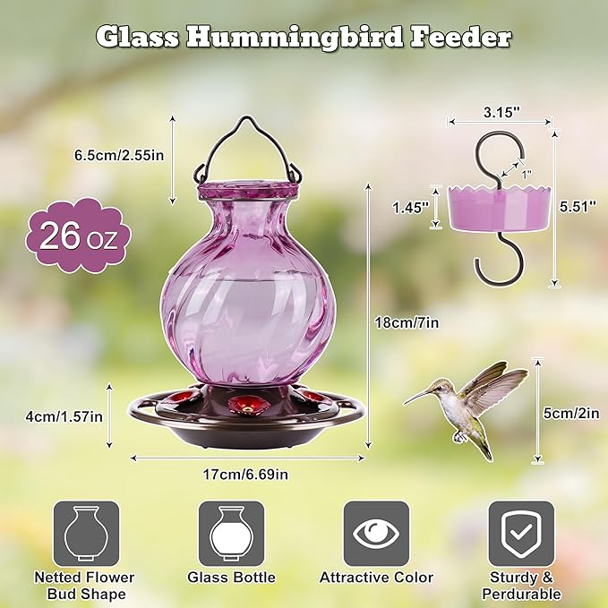 Auslar 26 Ounces Hummingbird Feeder, Purple Hummingbird Feeders for Outdoors Hanging, Ant Moat and 5 Flower Feeding Ports, Fade Proof, Rustproof, Leakproof, Netted Flower Bud Shape Bottle