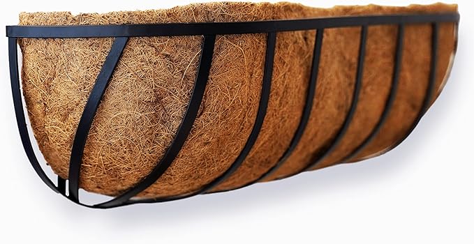2 Packs Planter Box for Deck Railing 24" Black Metal Hanging Planter Basket with Coco Coir Liner Metal Window Planter Plant Holder Flower Pots