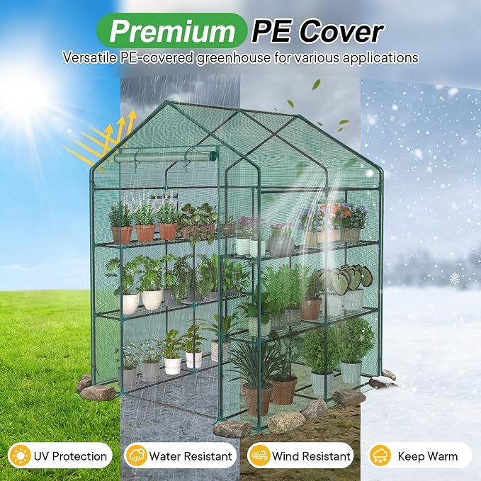 NEWBULIG Outdoor Greenhouse, Walk-in Greenhouse with 2 Tier 8 Plant Shelves, 56"×56"×77" Durable PVC Cover, Portable Greenhouses for Outdoor Garden, Patio, Porch, Backyard Green Houses, Green