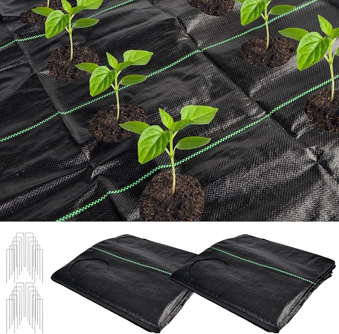 2PCS Weed Barrier Landscape Fabric, 33 x 3.3 Ft Garden Weed Barrier Fabric Heavy Duty with Planting Holes, Ground Cover Weed Barrier Weed Cloth with 20 U-Shaped Ground Nail for Weed Control