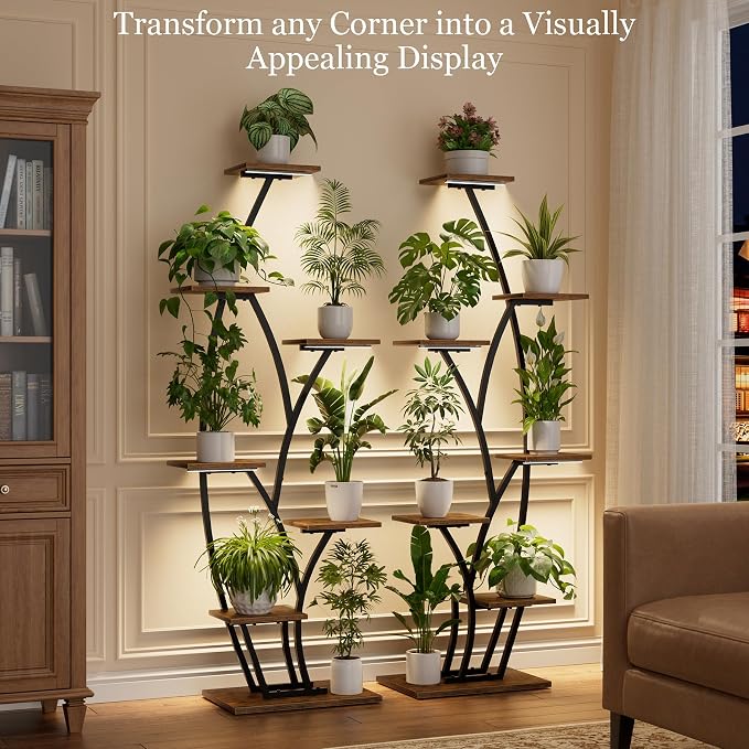 Plant Stand Indoor with Grow Lights - Lighted Indoor Plant Shelf Tall, 61" 7 Tier Large Plant Stands for Indoor Growing, 2 Pack Corner Flower Shelves, Half-Moon Metal Holder for Home Living Room Black