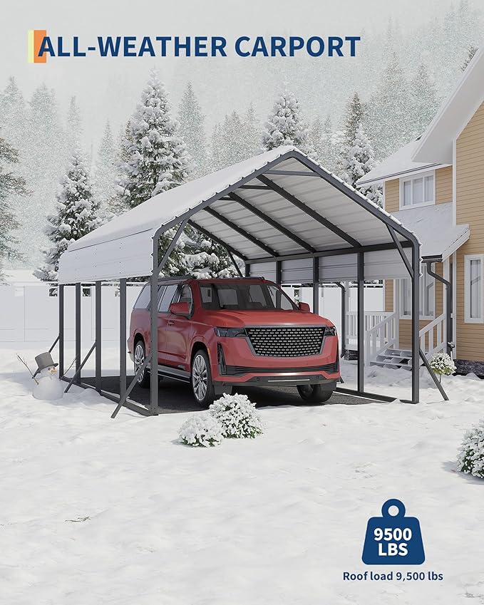 GarveeLife 13 ft x21 ft x11 ft Oversized Metal Carport, Steel Heavy Duty Carport for All-Weather, Permanent Shelter for Bass Boats, Pickup Trucks, and Tractors, N.W. 660 LBS
