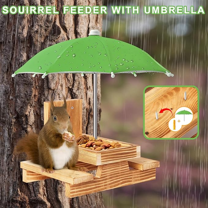 Gnodary Squirrel Feeder with Umbrella, Squirrel Feeders for Outside, Squirrel Picnic Table Feeder - Chipmunk Feeder Hold Corn, Corn Cob, Peanuts Style2 (Green)