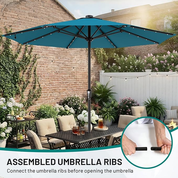 AreShark 11FT Large Patio Umbrella with Solar Lights, Lighted Solar Umbrella with Crank, Outdoor Table Market Umbrellas for Garden, Deck, Backyard, Pool and Beach, Lake Blue