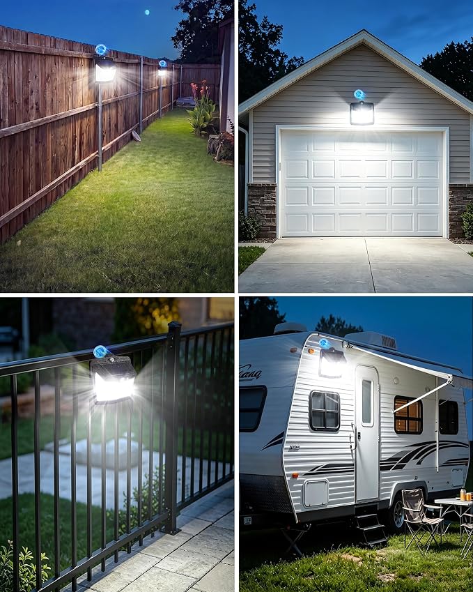 Magnetic Solar Lights Outdoor, No Drill Motion Sensor Solar Fence Lights, 600LM 128 LED Magnetic Step Lights for Metal Fence, RV, Deck Railing, Garage, IP65 Waterproof Outdoor Security Lighting(2Pack）