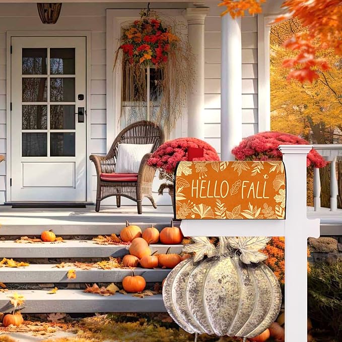 Hello Fall Mailbox Cover Magnetic Fall Thanksgiving Mailbox Covers Autumn Post Letter Box Cover for Garden Yard Decor 25.5x21 Inch