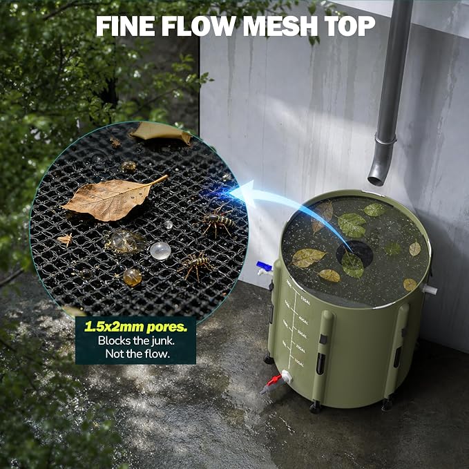 SKM Collapsible Rain Barrel, 53 Gallon Portable Rain Water Collection System to Collect Rainwater from Gutter, Foldable Water Storage Tank with Spigot for Garden, Lawn & Outdoor Plant Watering, Green