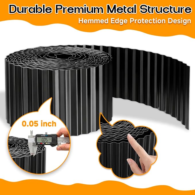 MTART Corrugated Metal Edging for Landscaping, Sturdy Garden Edging Border for Flower Bed, Lawn and Landscape Edging (Black, 6"×40Ft)