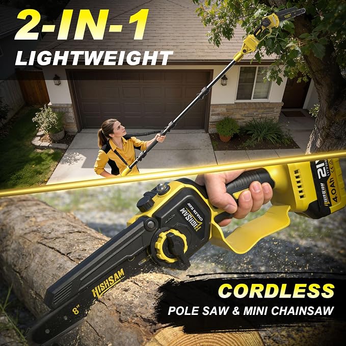 2 in 1 Electric Pole Saws for Tree Trimming,8" Mini Chainsaw Cordless with Extension Pole, Brushless Motor, Auto Oiling,13.8 FT Max Reach Extension Pole for Outdoors Pruning with 2×4.0Ah Batteries