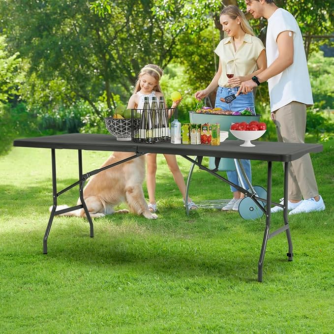 BestOffice Outdoor 6 FT Folding Camping Table Plastic Table Portable Square Height Dining Table Perfect for Picnics, Parties, Party and Camping, Black