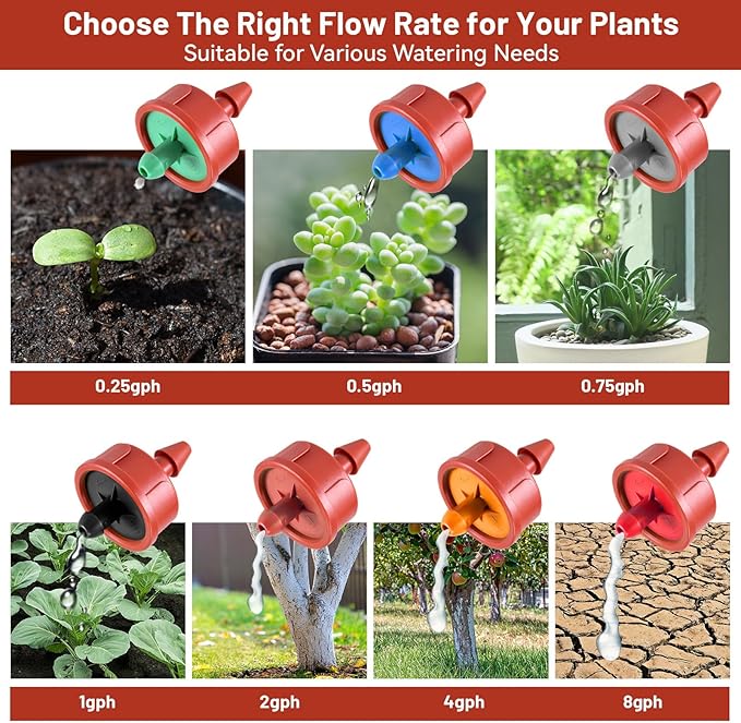 100 PCS 4 GPH Pressure Compensating Drip Irrigation Spot Dripper, Max Flow Drip Irrigation Emitters Heads for Dry Soil Thirsty Plants, Irrigation Drippers Parts for Arid Area Outdoor Irrigation