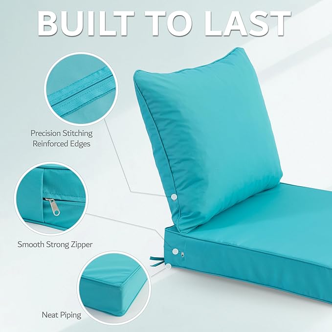 24x24 Inch Outdoor Chair Cushion with Removable Cover, Patio Furniture Cushion - Water-Repellent, Fade-Resistant, Non-Slip Bottom & Straps, Replacement for Deep Seat Sofa & Couch - Teal