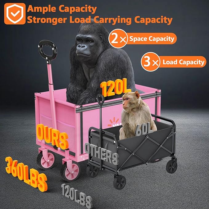 YACONA 3 in 1 Wagons Carts Foldable, 360LBS Lightweight Wagon with All Terrain Wheels, Collapsible Wagon Cart for Grocery, Camping, Beach, Garden & Sports