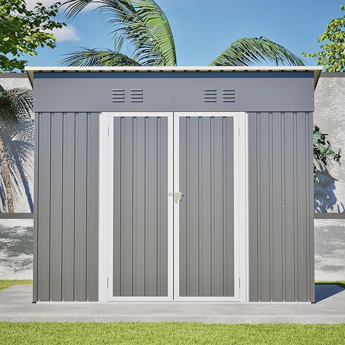 YOPTO 4x8 FT Outdoor Storage Shed with Floor Frame,Metal Shed W/Left/Right Optional Lockable Door,Heavy-Duty Garden Tool Storage House W/ 4 Air Vents & Sloping Roof,for Backyard,Patio,Lawn,Gray
