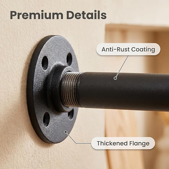 Homeyeeng Clothes Rack, Industrial Wall Pipe Clothing Rack for Hanging Clothes, Wall Mounted Heavy Duty Space Saving Garment Rack, Multi-Purpose Clothing Hanging Rods for Closet Storage, Black, 2Pcs