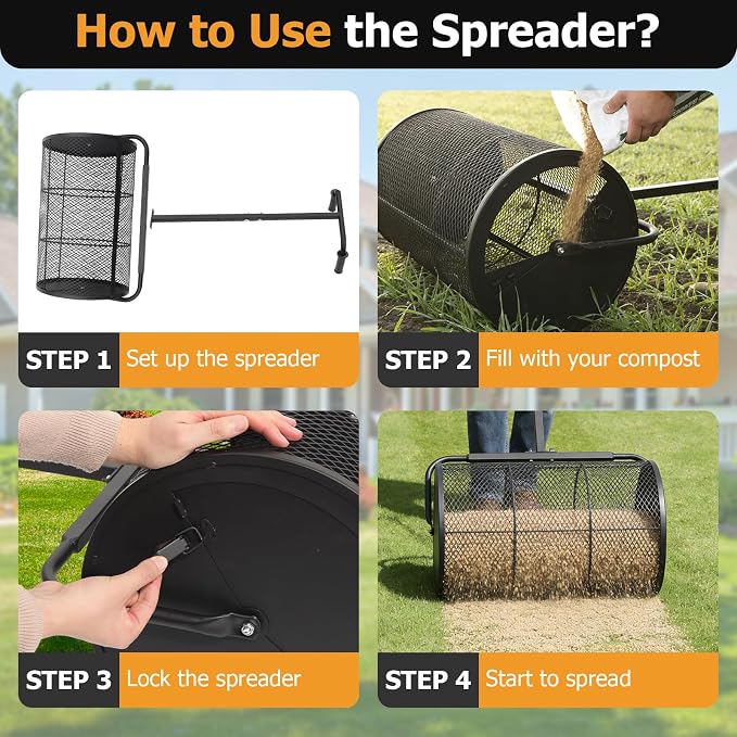 Compost Spreader 24in Peat Moss Spreader - U Shaped Comfortable Handle & Adjustable Height Powder-Coated Metal Mesh Hand Fertilizer Spreader for Garden Yard Lawn Care (Matte Black)