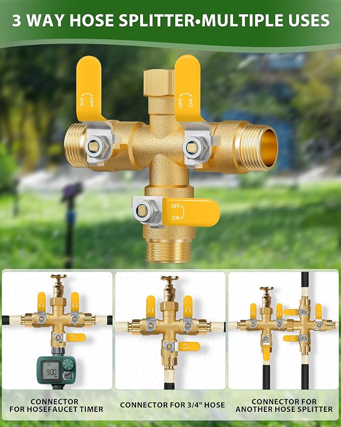 Garden Hose Splitter, 3 Way Heavy Duty Brass hose splitter, Water Hose Bib Spigot Splitter with 0.59" Full Flow Ball Valve Outlet & Shut-Off Valve 3/4'' Connector Outdoor Water Faucet Adapter (Yellow)
