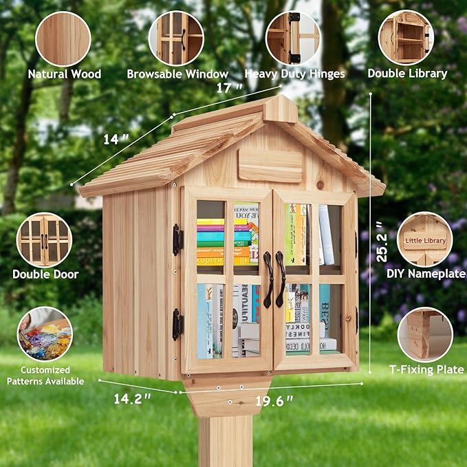 Little Library Box Outdoor Free Library Kit, Updated Double Doors Literature Little Library Box, Wood Cabinet Book Storage for DIY Nameplate, Neighborhoods, Community, Schools Sharing Books