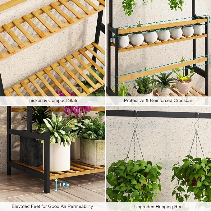 Ufine Bamboo Hanging Plant Stand 3 Tier Ladder Shelf with Hanging Rod | Height Adjustable Flower Pot Display Organizer for Balcony Porch Living Room