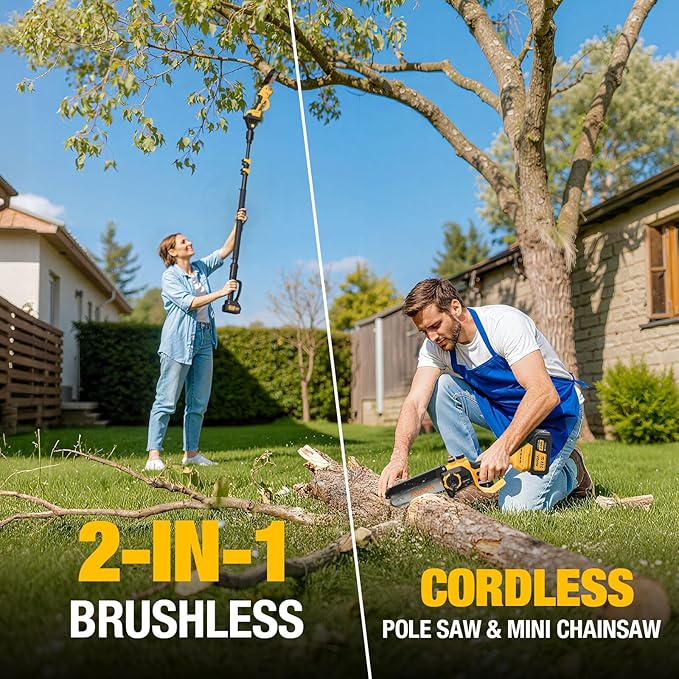2-IN-1 Cordless 6-Inch Pole Saw & Chainsaw - 1200W Brushless Motor, Total Reach of Max 15.7 FT, Lightweight, Electric Pole Saws for Tree Trimming Pruning with 2× Batteries