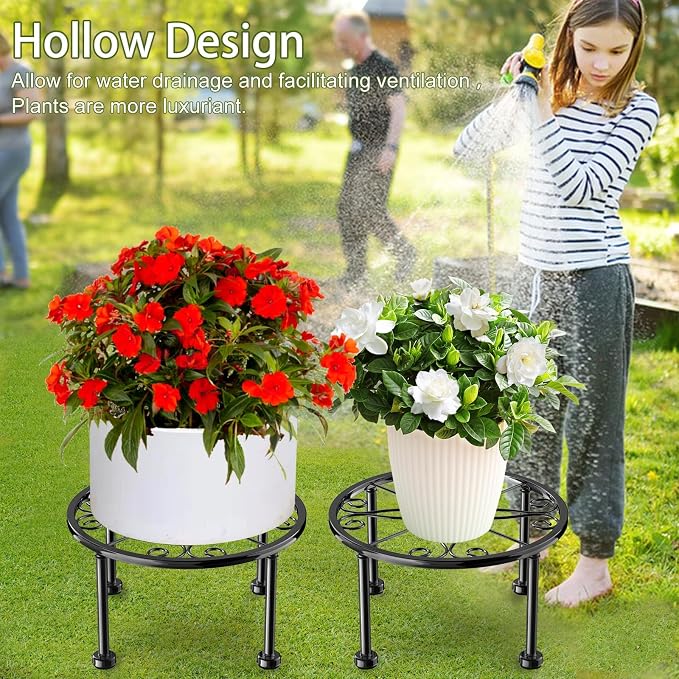 Garden Gifts Plant Lovers Gifts Black Metal Plant Stand with Anti-Slip Base Rustproof Heavy Duty Decorative Round Flower Stand Display Shelf for Indoor/Outdoor (Diameter: 9in Height: 4.8in)