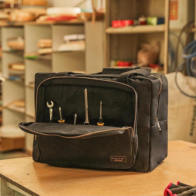 Canvas Tote Bag, 16OZ Waxed Canvas Tool Bag Organizer - 1 Large Capacity & 2 Zipper Pouches - Multipurpose Garden Tote, Tool Storage Tote for Horticulturist Contractor Plumber Electrician - Black