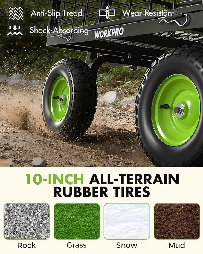 WORKPRO Large Heavy Duty Garden Cart 770 lb, 2-in-1 Convertible Utility Wagon with Removable Sides, 180° Tow Handle for ATV or Lawn Tractor, 270° Steering, Extra Large Yard Cart with All Terrain Tires