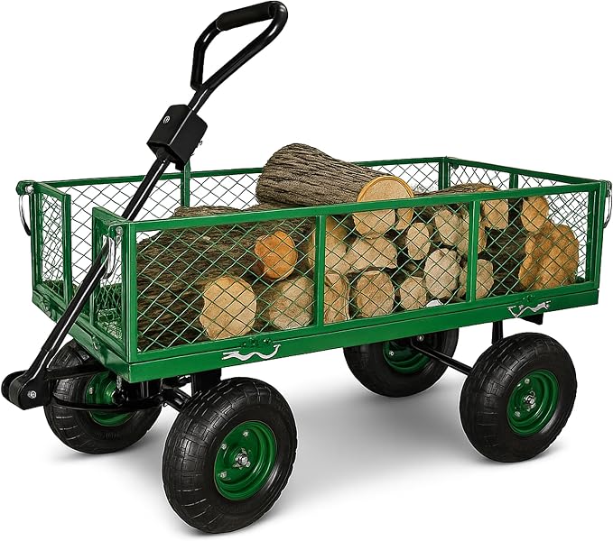 Backyard Expressions Heavy Duty 600 Lbs Capacity Mesh Steel Garden Cart Folding Utility Wagon with Removable Sides and (4) 10 Inch Wheels (Green)