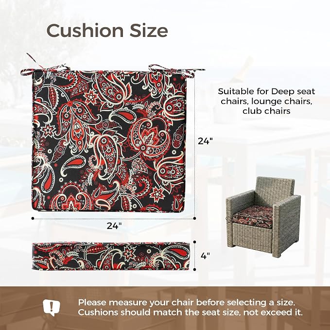 UNIKOME Outdoor Chair Cushions Set of 4, Water Resistant Patio Seat Cushions with Ties for Outdoor Furniture, High-Density Foam, UV & Fade Resistant, Piped Edge – 24" x 24" x 4", Red Paisley Floral