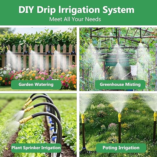100FT Drip Irrigation System, 1/4 Inch Hose with 360° Adjustable Copper Nozzles – Garden Watering Kit for Lawn, Raised Beds, Greenhouse & Yard