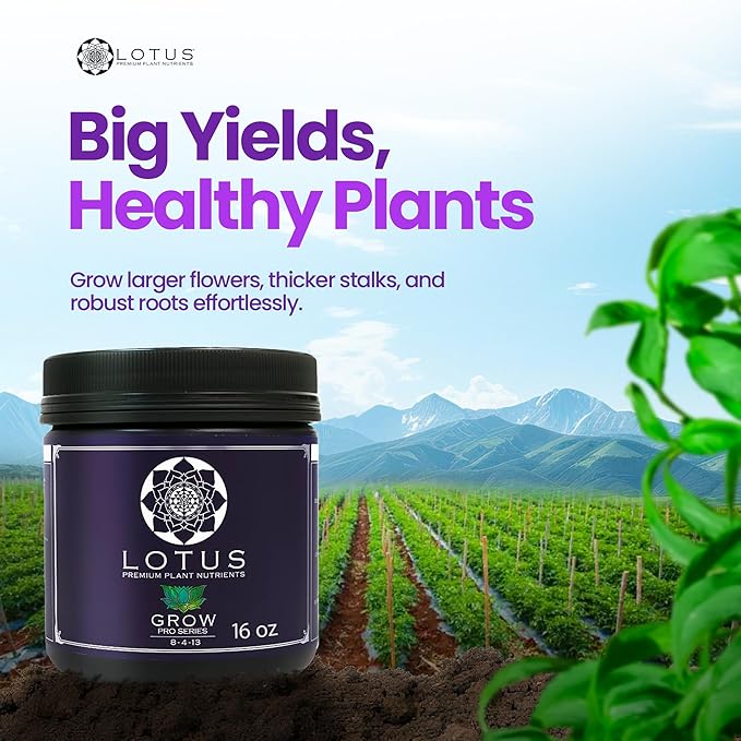 Lotus Nutrients Grow Pro Series, Water Soluble Plant Nutrient Powder, 14+ Ingredients with Chelated Micronutrients and Amino Acids, for Coco Coir, Hydroponics, Soil, Indoor and Outdoor Grows, 16oz