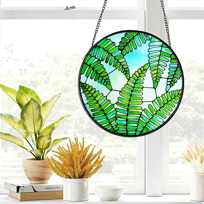 Plant Suncatcher Glass, Stained Glass Suncatcher Plant Window Hanging, Unique Nature Lover Gifts Leaf (Fern)