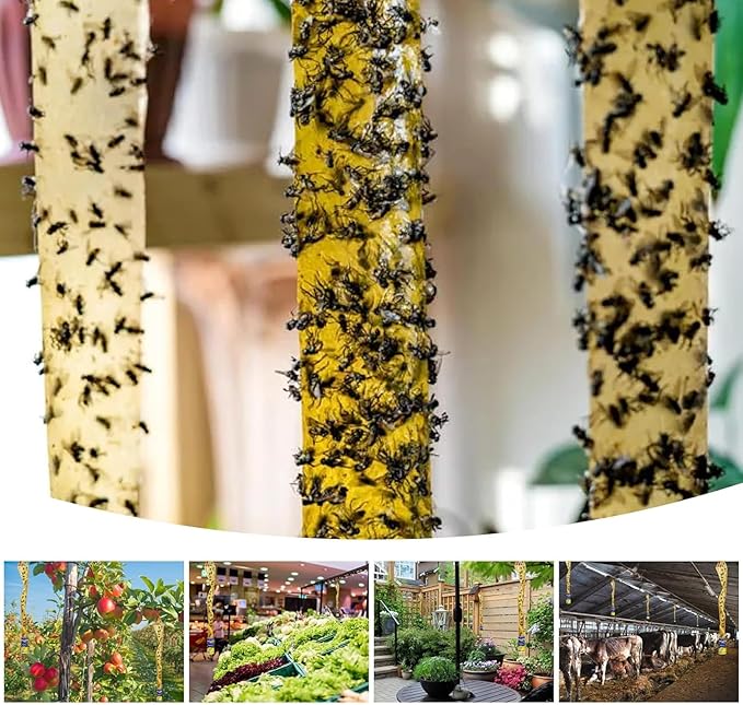 16 Pack Fly Traps Strips Indoor Outdoor, Flies Paper Sticky Hanging with Pins, Fruit Fly Tape Ribbon Roll for Home, Bug & Gnat Catchers for Inside, House Fly Killer for Winged Insect, Mosquito