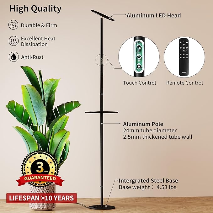 chiphy 69" Full Spectrum Grow Light for Indoor Plants, 40W Tall Plant Lights with Tray, 4/8/12H Timer, 10 Level Dimmable Brightness, Heights Adjustable, Remote Control, Ideal for Large Tall Plants