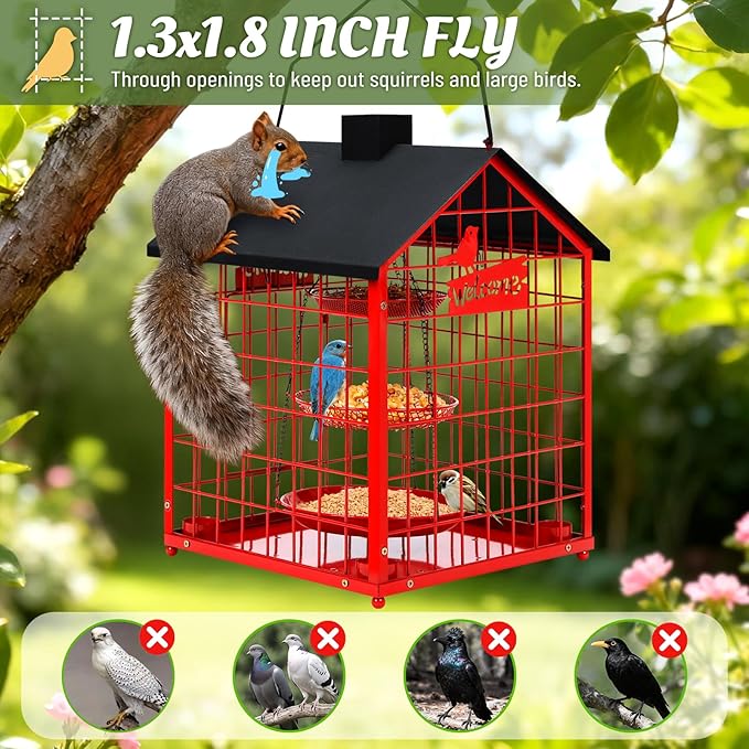 Bird Feeders for Outdoors, Metal Bluebirds Bird Feeder, Huge Caged Squirrel-Proof Bird Feeders with 4 Cups, DIY Wild Bird Feeders Outdoor Hanging, Attract Small Birds, 3 Layer Seed Tray (Red)