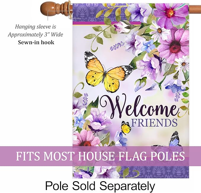 Texupday Welcome Friends Floral Blooms Butterfly Decoration Seasonal Spring Summer House Flag Outdoor Yard Flag 28" x 40"
