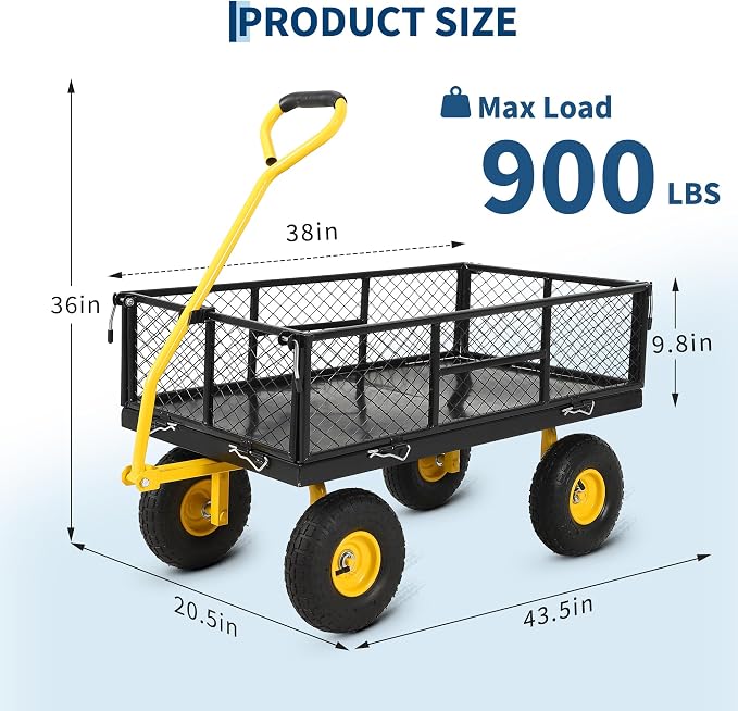 Garvee 900 LB Garden Cart with 10 in All Terrain Tires, 2-in-1 Wagon Cart with Removable Side Panels, Heavy Duty Metal Utility Garden Wagon for Outdoor Lawn, Yard, Backyard